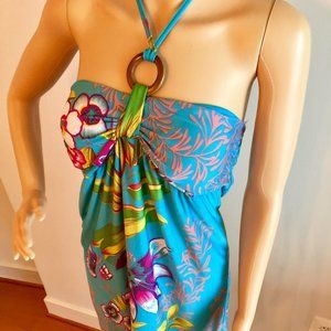 Flower print turquoise blue halter tie dress